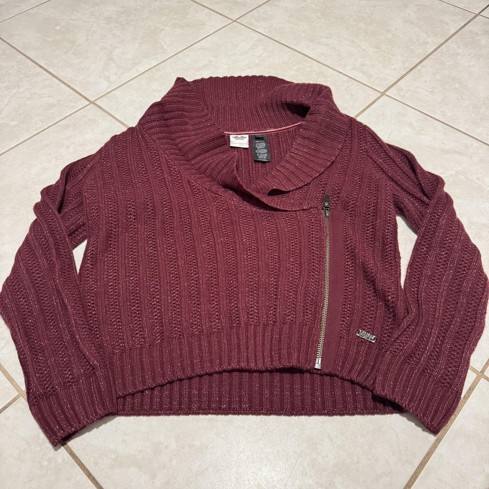 Harley-Davidson Sweater Womens Large Maroon Cowl Neck‎ Asymmetrical Zip Metallic
